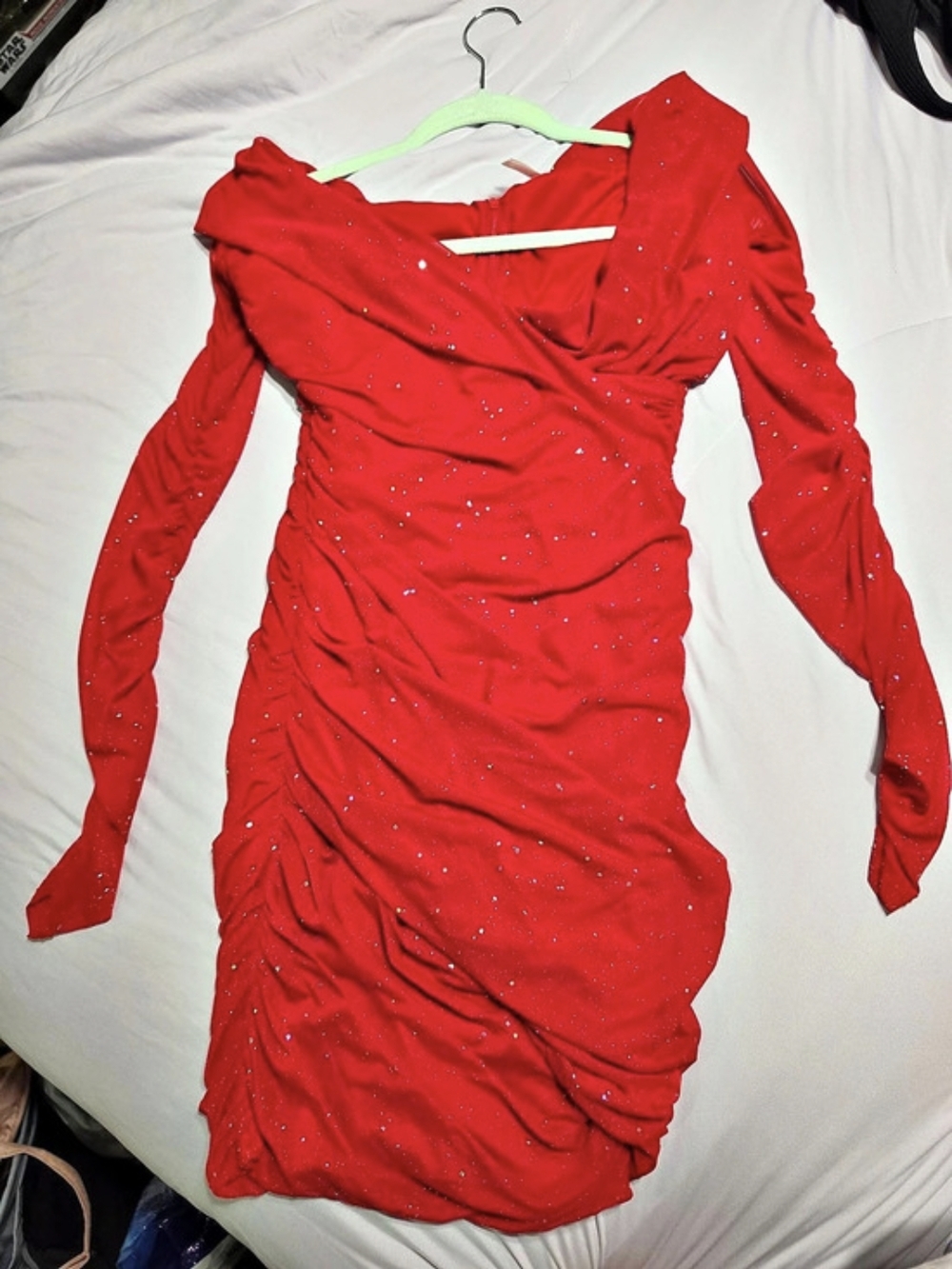 D&M Medium Off Shoulder Ruched Sequin Bodycon Dress Mini Dress Red Medium